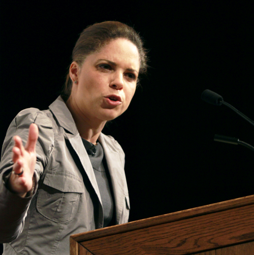 Soledad OBrien, CNN News correspondent, gives a speech in the Kent State Student Center Ballroom about diversity and overcoming its challenges on Thursday. Photo by Lindsay Frumker.