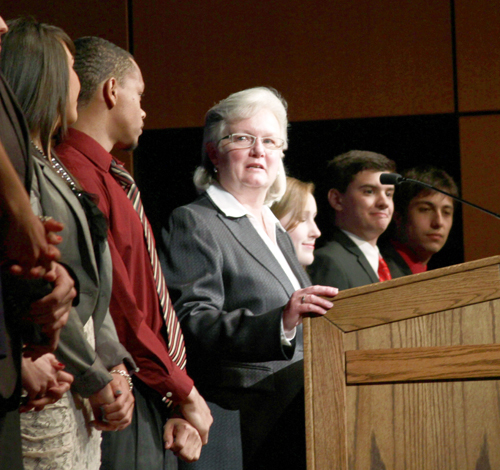 Dr. Sheryl Smith, Dean of Students and Student Obmbuds, in center, introduces the new student organizaion leaders for the 2011-12 year. This was one of the many honors at the Student Leadership and Honors Awards Ceremony at the Ballroom on Monday. Photo by Lindsay Frumker.