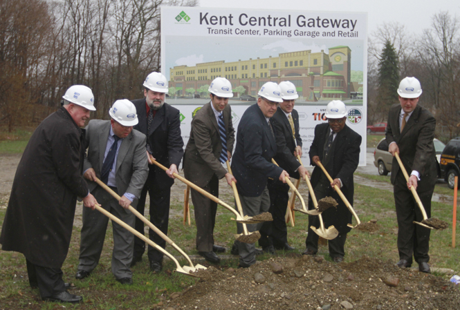 Honored Guests take part in a groundbreaking ceremony for Kent's new Central Gateway Transit System on Monday. Photo by Lindsay Frumker.