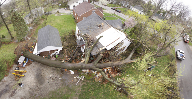 Denice Woolf’s house on Vine Street is crushed by a 200-year-old tree Wednesday. Woolf, her son and dogs were all in the house when the tree fell, but no one was injured. Photo by Nikolas Kolenich