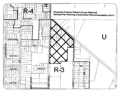 An overview of the proposed overlay district (shown as cross-hatched area) which amends the zoning of the 10-acre property from an R-3 to a higher density R-4 residential zone. Photo credit: City of Kent