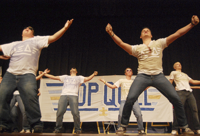Members of Sigma Nu perfom a skit at the annual Xi Man competition on Oct. 7. The competition raised money for Autism Speaks. Photo by Nancy Urchak.