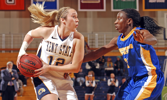 Junior guard Trisha Krewson looks to pass the ball on Friday, Nov. 18, against Morehead State. The Flashes beat the Eagles 65-64 in their home opener. Photo by Matt Hafley.