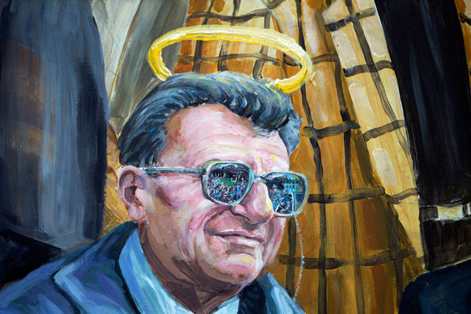A detailed image of the halo that was painted over the likeness of Joe Paterno on a mural in downtown State College, Pennsylvania, Monday, January 23, 2012. (David Maialetti/ Philadelphia Daily News/MCT)