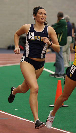 Danielle Dougherty, undecided major, competed in the Doug Raymond Invitational at the Field House on Jan. 15, 2011. Dougherty placed fourth at 3:03.33 in the 1000 meter run. Photo by Valerie Brown.