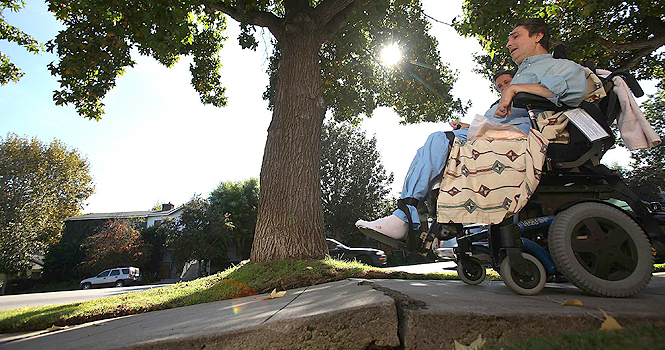 Wheelchair-bound Brent Pilgreen, who has been a quadriplegic for 25 years, has a myriad of challenges posed by the poor condition of the sidewalks in his Van Nuys neighborhood in Los Angeles, Calif. Photo courtesy of Brian vander Brug/Los Angeles Times/MCT.