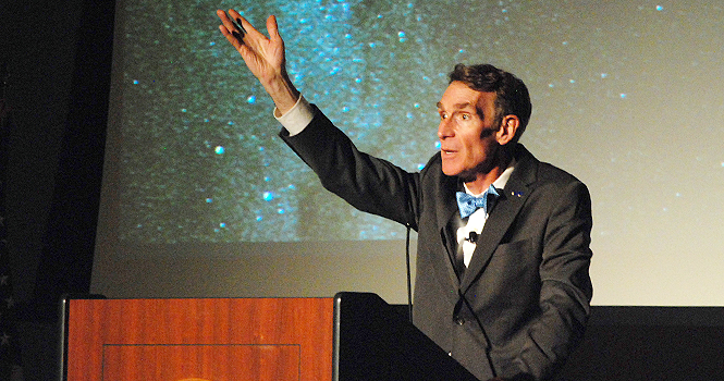 And dare I say, change the world! said Bill Nye at Kent States Stark campus during his presentation The Earth is a Great Home, But We Have to Make Some Changes, March 6. Photo by Grace Jelinek.