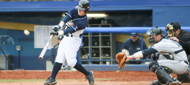 Freshman outfielder T.J. Sutton makes contact with the ball during Wednesdays game against Pittsburgh at Schoonover Stadium. Kent State defeated Pittsburgh by a score of 9-5 to earn their sixth win in a row. Photo by Anthony Vence.