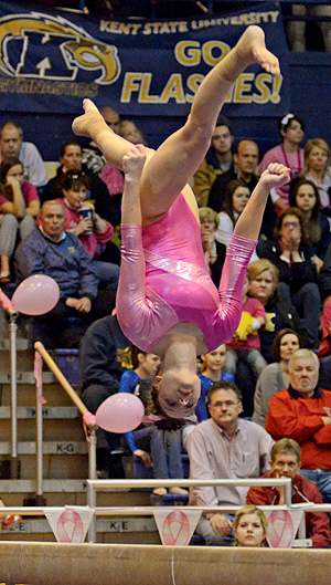 Brianna Skiffington, senior, flips on the balance beam at the Flip for the Cure home meet against Northern Illinois on Feb. 19. The Flashes defeated the Huskies. File photo.