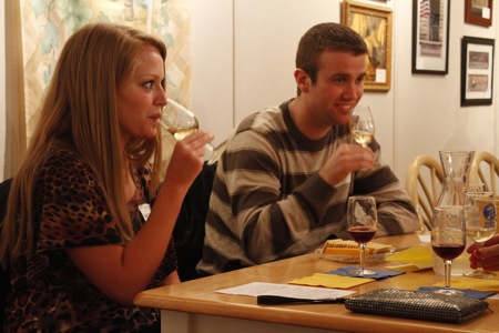Brittany Martony and Brady Ruffer taste a white wine at Viking Vineyard, March 2.Photo by Chelsae Ketchum