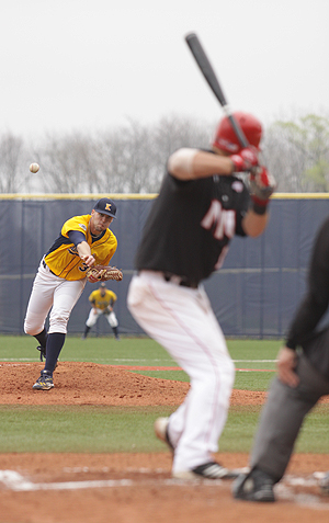 Kent State pitcher Tyler Skulina throws against Northern Illinois at Schoonover Stadium on March 25. Kent State swept the three game series against Northern Illinois. File photo.