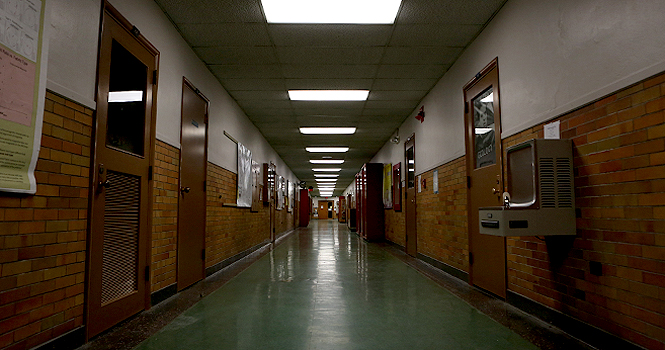 A hall late at night in McGilverly Hall. Photo by Coty Giannelli.