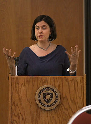 Kent State Jewish Studies had Alexandra Zapruder, the author of “Salvage Pages” speak at the Student Center on April 24. Zapruder talked about how she assembled stories for her book about children’s diaries from the Holocaust. Photo by Brian Smith.
