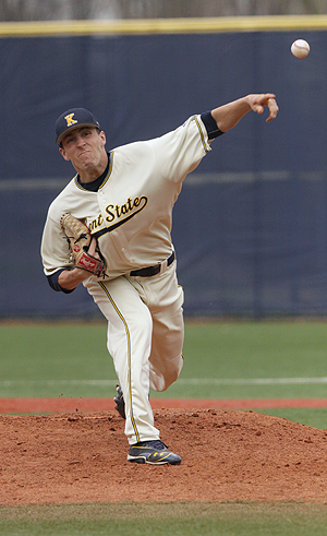 Senior Pitcher Michael Clark throws against Penn State at Mural Field on April 3. Kent State lost the game against Penn State 9-7. Photo by Brian Smith.