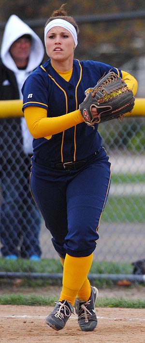 Senior first baseman Shannon Laughlin threw the ball from first during the Flashes game against Eastern Michigan on Saturday, March 31. Kent State won with a final score of 6-1. Photo by Jenna Watson.