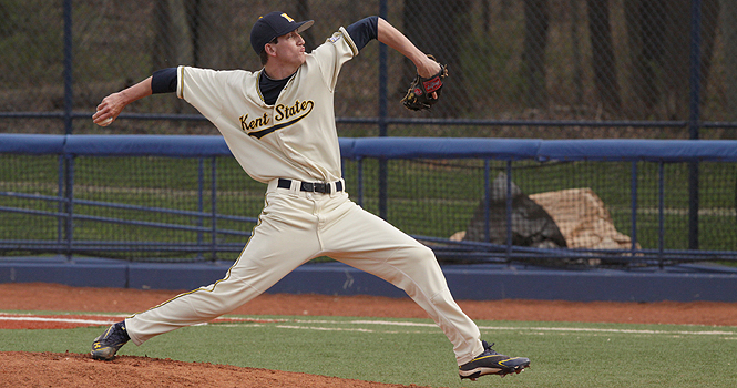 Kent State freshman pitcher John Birkbeck throws against Penn State at Mural Field on April 3. Kent State lost against Penn State 9-7. File photo by Brian Smith.