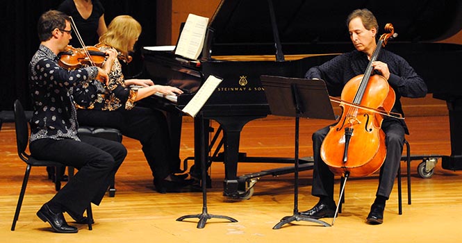 Members of the Cleveland Orchestra performed the opening number of Romance and Rhapsodies, the second concert of the Kent/Blossom Summer Music festival, in the Ludwig Recital Hall on Wednesday, July 11. The concert included Three Romances by Clara Schumann, Two Rhapsodies by Loeffler and B major Piano Trio by Brahms. Photo by Jenna Watson.