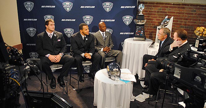 Senior Brian Winters, junior Roosevelt Nix and head football coach Darrell Hazell answered questions during a live-streaming interview for ESPN3, during the MAC Football Media Day on Tuesday, July 24. The media day was held in Detroit at Ford Field where Kent State, as well as 12 other colleges, was represented. Photo by Jenna Watson.
