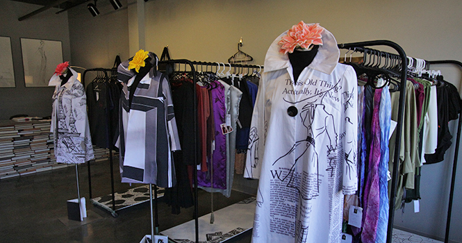 Clothes from the school of fashion are on display at the Fashion School Store in Acorn Alley II. The store is now open but will have its grand opening ceremony on April 18. Photo by Brian Smith.
