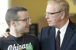 Senior applied conflict management major Evan Gildenblatt speaks with former Ohio Governor Ted Strickland after his speech to Kent State students in support of the Obama 2012 campaign. Photo by Matt Unger.