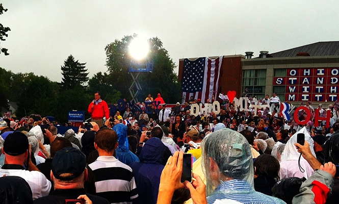 Mitt Romney speaks at Lake Erie College in Painesville, OH, despite rain. Photo by Ed DeTomaso.