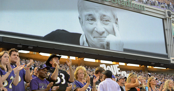 Ravens fans honor the late Browns/Ravens owner Art Modell before the Baltimore Ravens host the Cincinnati Bengals in Baltimore, Maryland, on Monday, September 10, 2012. Photo by Doug Kapustin
