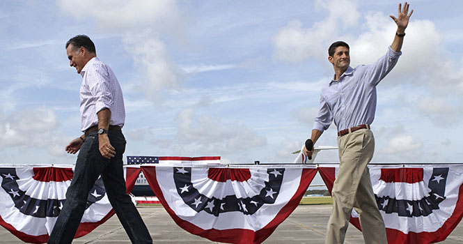 GOP presidential nominee Mitt Romney and running mate Rep. Paul Ryan, right, take the stage at a send-off rally on the tarmac at the airport in Lakeland Florida, Friday, August 31, 2012. After the Lakeland event, Romney was slated to go to New Orleans to tour hurricane damage. Photo courtesy of MCT Campus.