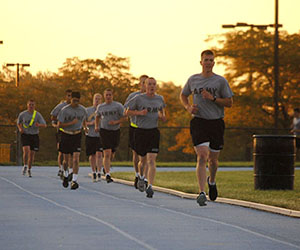 ROTC participants run around the track as part of their physical training tests at 6:00 a.m on Sept 12. Photo by Marielle Forrest.