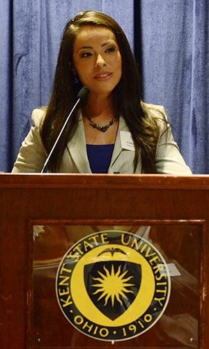 Angelica Campos, meteorologist at WJW Fox 8 in Cleveland, spoke at the second annual Hispanic Heritage month opening luncheon celebration in the Ballroom balcony on Sept. 14. Campos talked about moving to the U.S. from Costa Rica, not knowing English and setting career goals. Photo by Nancy Urchak