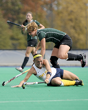 Sophomore midfielder Hannah Faulkner hits the ground during Kent States game against Michigan State University Sunday afternoon. File Photo by Hannah Potes.