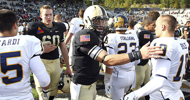 Oct 13, 2012; West Point, NY, USA; Army Black Knights quarterback Trent Steelman (8) greets players from the Kent State Golden Flashes after Kent State won 31-17 at Michie Stadium. Mandatory Credit: Danny Wild-US PRESSWIRE