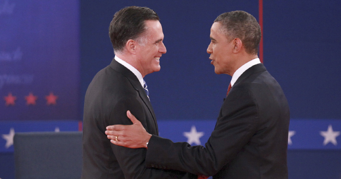 President Barack Obama, right, and Republican presidential nominee Mitt Romney shake hands at the start of their second presidential debate at Hofstra University in Hempstead, New York, on Tuesday, October 16, 2012. Photo by John Paraskevas/Newsday/MCT.