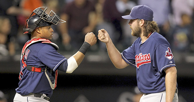 Cleveland Indians catcher Carlos Santana, left, congratulates relief pitcher Chris Perez after closing out the Chicago White Sox in the ninth inning at U.S. Cellular Field in Chicago, Illinois, on Wednesday, May 2, 2012. The Indians won, 6-3. (Chris Sweda/Chicago Tribune/MCT)