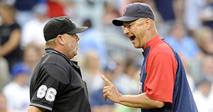 Boston Red Sox manager Terry Francona, right, argues with home plate umpire Jim Joyce at Yankee Stadium in the Bronx, New York, Saturday, August 8, 2009. The Cleveland Indians recently announced that Francona is a candidate for the teams manager position. Photo by David Pokress /Newsday/MCT.
