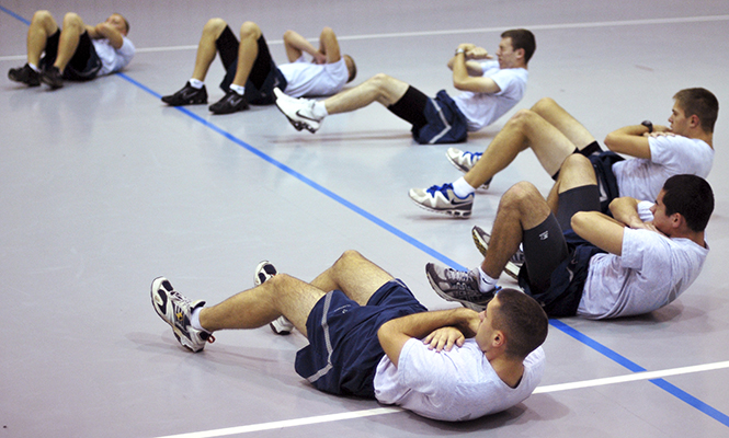 Air Force ROTC members have an early morning work-out in preparation for their upcoming physical training test. Photo by RACHAEL LE GOUBIN.