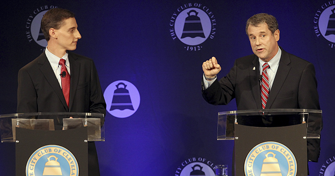 Ohio Senator Sherrod Brown makes a point during the debate with Ohio Senate candidate Josh Mandel, left, held by the Cleveland City Club at the Renaissance Hotel in downtown Cleveland, Ohio on Oct. 15, 2012. Photo by Chuck Crow, The Plain Dealer.