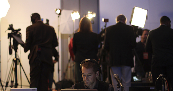 Media preparations in Columbus for the Senate race between Sherrod Brown and Josh Mandel. Photo by Brian Smith.