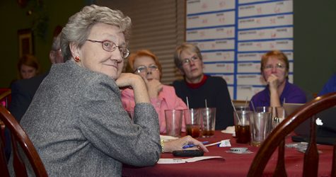 Janet Esposito, chairman of Republican Party in Portage County, sits at a table during the official Republican watch party of Portage County at the English Pub in Ravenna. Esposito watched as the Ohio results came in. Photo by Nancy Urchak.