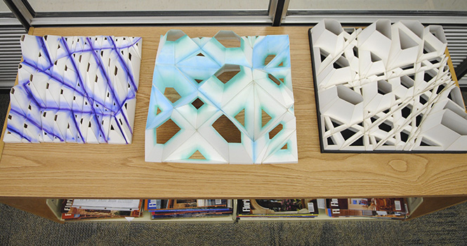 A workshop titled Organized Crime was held for students, faculty and alumni of the architecture department recently, where participants created 3D designs. The designs and step by step process posters are hanging in the architecture library in Taylor Hall. Photo by Jenna Watson.