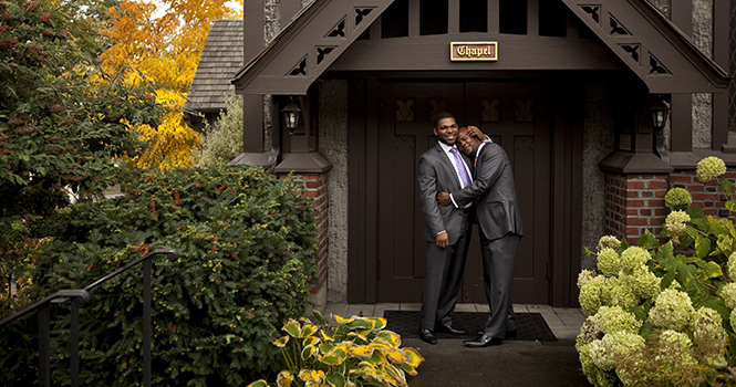 Darrell, left, and Marshan Goodwin-Moultry, pastors at Liberation United Church of Christ in Seattle, Washington, are a couple. They hope they are role models for other black gays. Photo by BETTINA HANSEN.