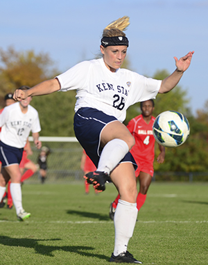 Senior midfielder Hannah Newhouse on Sept. 28. Kent fell 3-1 against Miami at the MAC semifinals on Friday, Nov. 2, in Oxford, OH, ending their 2012 season. Photo by Nancy Urchak.
