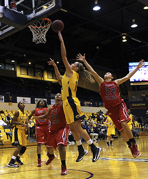 Senior guard Tamzin Barroilhet goes for a layup during a 81-67 loss to St. Francis (Pa.) Wednesday, Nov. 28 in the M.A.C. Center. The Kent State womens basketball team fell to 0-6 and has lost 14 of its last 15 games dating back to last season. Photo by SHANE FLANIGAN.