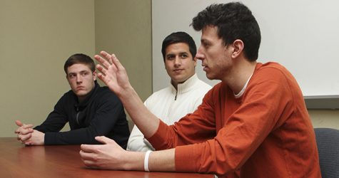 Kent State computer science majors David Steinberg (right), Daniel Gur (middle) and Camden Fullmer (left) are the developers of FaceWash, a Facebook app which allows users to search through their activity and content and remove potentially unwanted materials from public view. Photo by SHANE FLANIGAN.