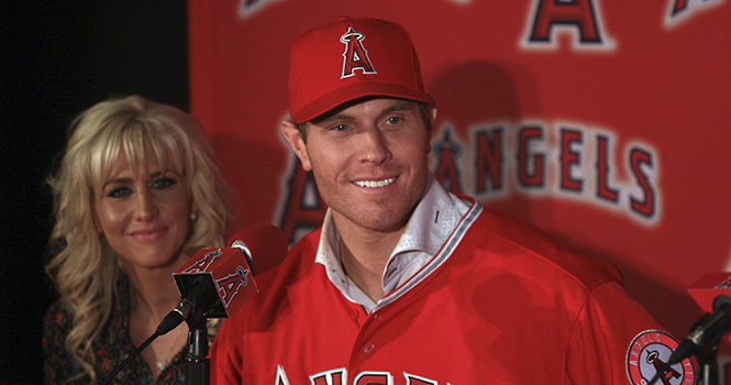 Outfielder Josh Hamilton with his wife, Katie Hamilton, during a news conference to introduce him as the latest Los Angeles Angels free-agent signee at ESPN Zone, Downtown Disney in Anaheim, California, on Saturday, December 15, 2012. Photo by Allen J. Schaben/Los Angeles Times/MCT.