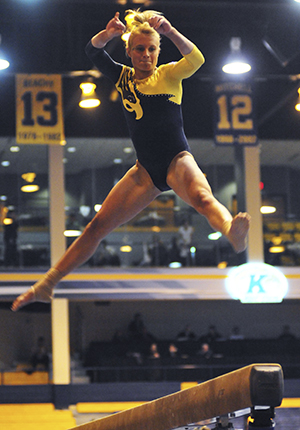 Kent States gymnastics team shared the M.A.C.C. with the wrestling team at a meet against Rutgers on Friday, January 8. Photo by Rachael Le Goubin.