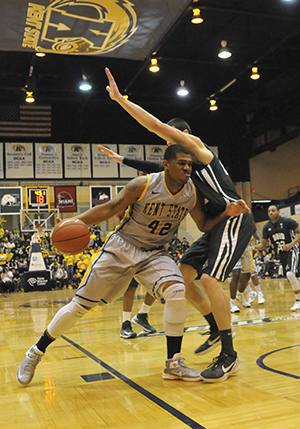 Kent State forward Darren Goodson pushes past Ohios Ivo Baltic during the Bobcats 69-68 win over the Flashes Saturday, Jan. 26, 2013, in the M.A.C. Center. Photo by Jessica Denton.