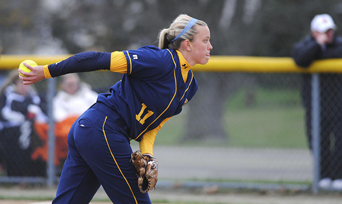 Freshman pitcher Emma Johnson wound up for a pitch during the Flashes game against Eastern Michigan on Saturday, March 31, 2012. Kent State won with a final score of 6-1. Photo by Jenna Watson.