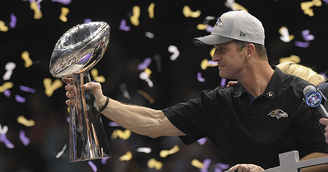 Baltimore Ravens coach John Harbaugh holds the Lombari Trophy at the end of Super Bowl XLVII at the Mercedes-Benz Superdome in New Orleans, Louisiana, Sunday, February 3, 2013. The Baltimore Ravens defeated the San Francisco 49ers, 34-31. (Gene Sweeney Jr./Baltimore Sun/MCT)