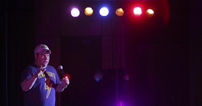 John Caparulo, a Kent State alumn, performs in the Kent State Ballroom, January 31. Photo by Chelsae Ketchum.