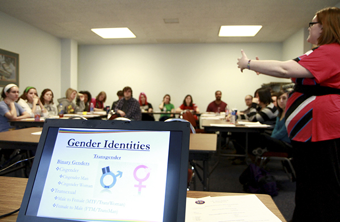 Roxie J. Patton, program coordinator of LGBTQ Center, talks to students during Safe Space Training on Tuesday, March 12 at the Student Center, about gender identities so that students can become allies to the LGBTQ community on campus. Photo by Yolanda Li.